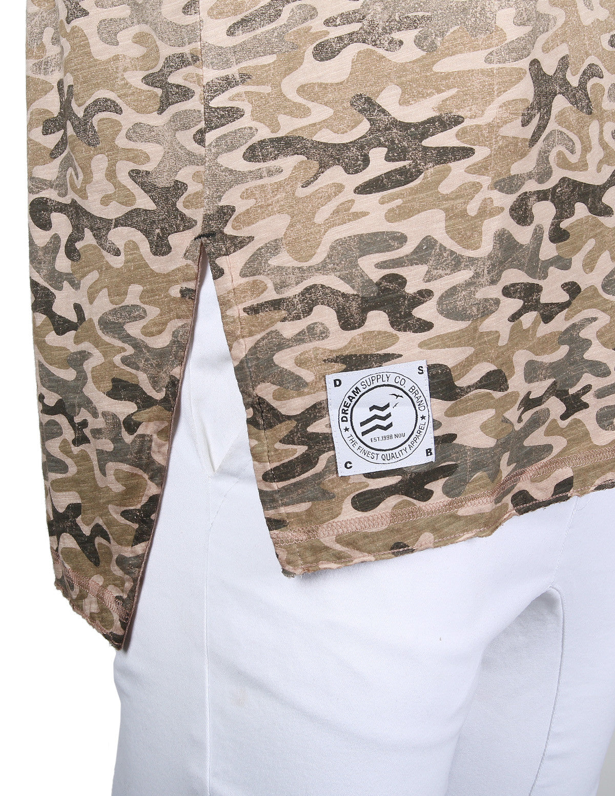 Men's Short Sleeve Camouflage Longline Side Slit Oil Wash T-shirts BROWN